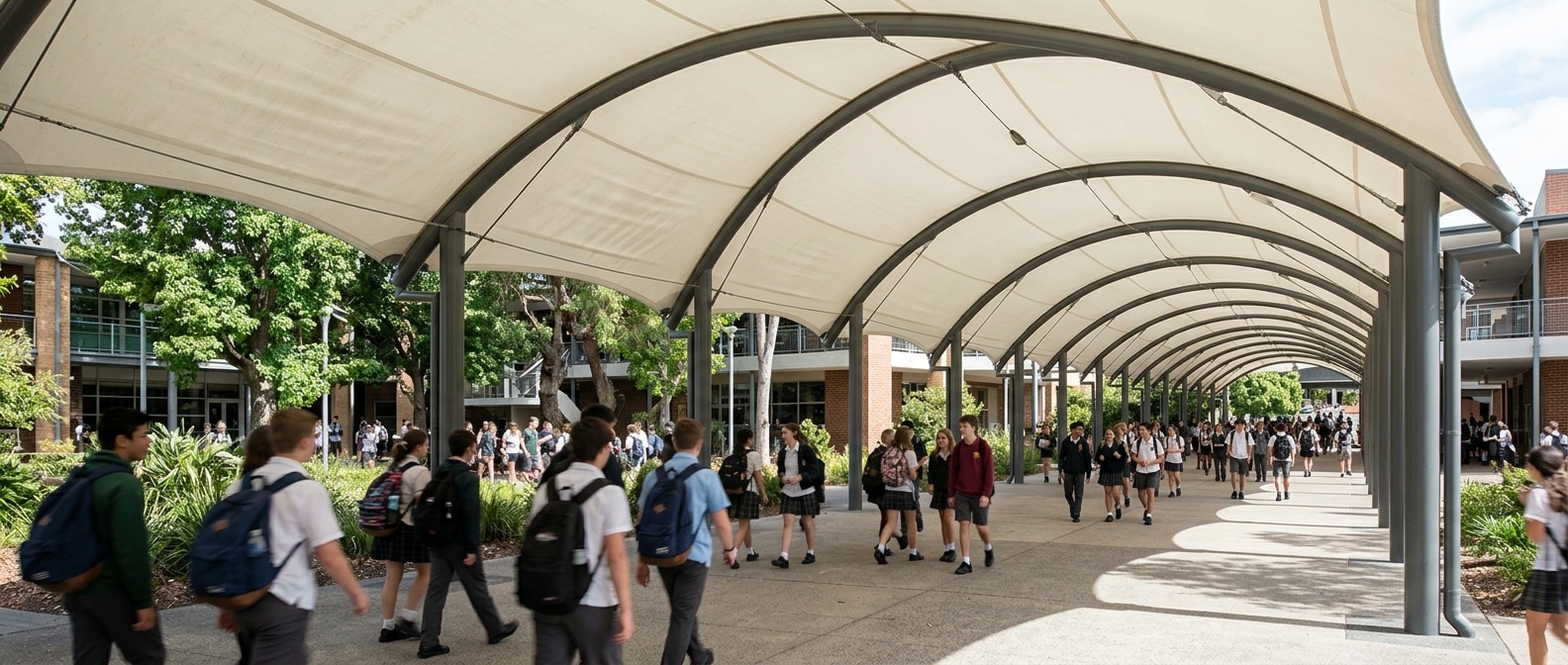 PVDF tensile membrane structure Nailing the School Walkway RFQ Safety and Spec Pr