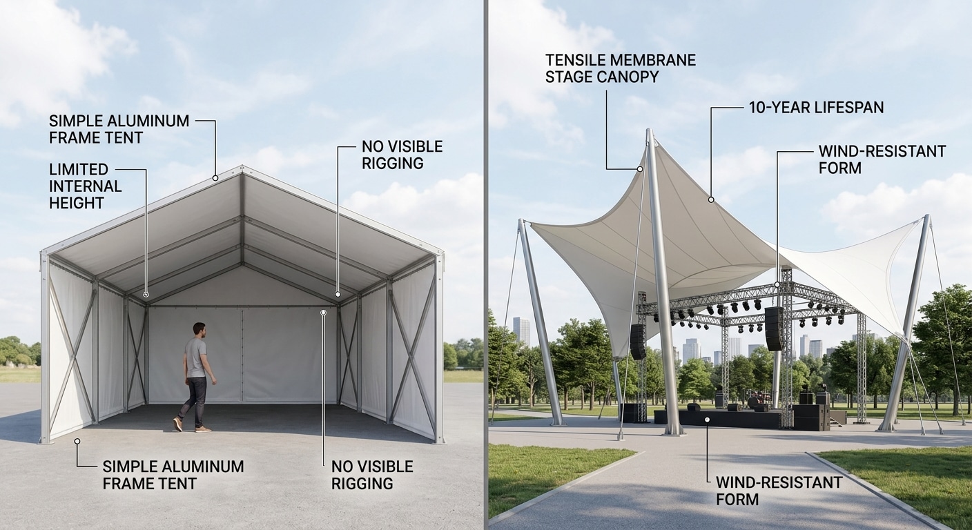 Split-frame illustration left side a simple aluminum frame tent with limited int