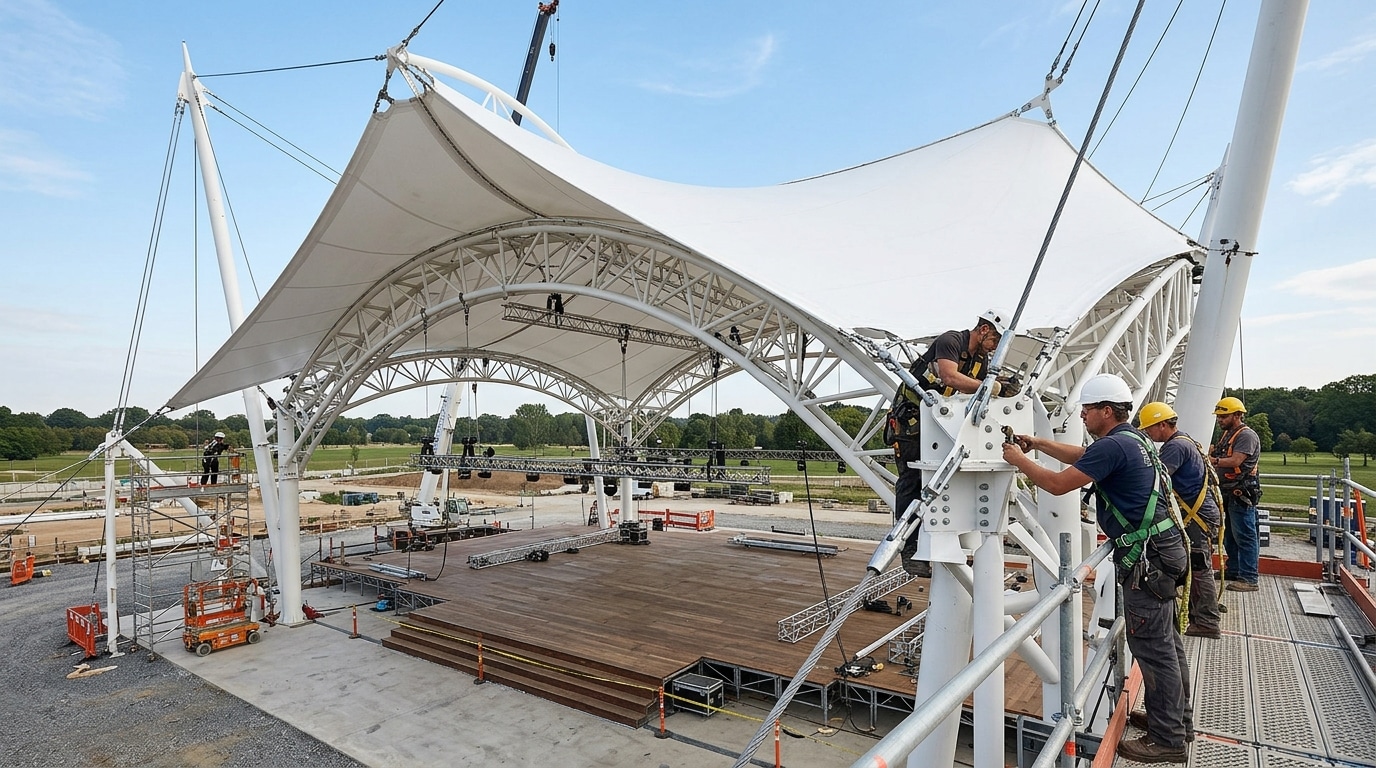 Wide shot of a tensile stage canopy during assembly workers tensioning a PVDF m