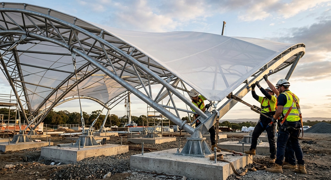 Installation team tensioning a white PVDF membrane over a steel frame anchored t