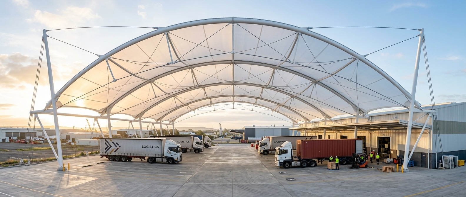 PVDF tensile membrane structure Project Spotlight Industrial Tensile Canopy for H