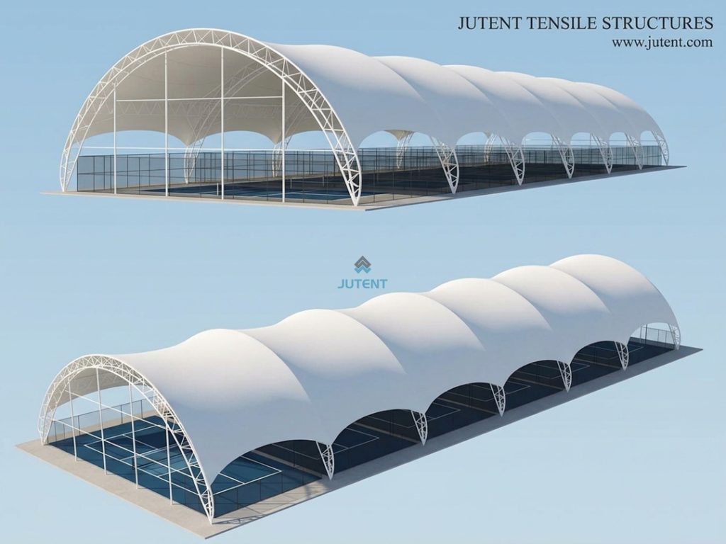 Large-Scale Semi-Enclosed Membrane Canopy for Tennis and Cricket Facilities